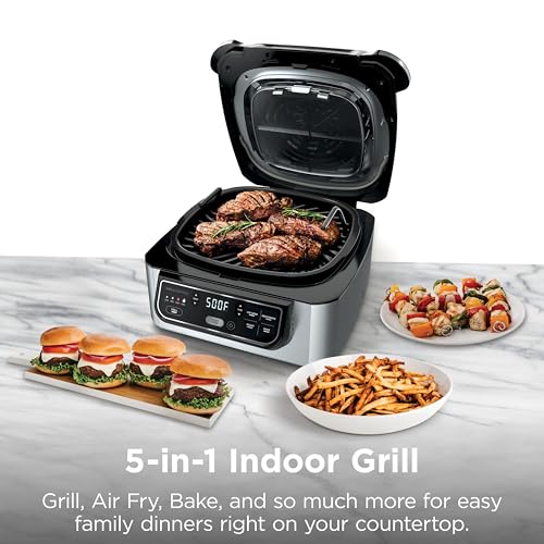 Ninja Foodi Indoor Grill & Air Fryer | 5-in-1 Grill, Air Fry, Roast, Bake, & Dehydrate | Cyclonic Grilling Technology | XL Capacity | Dishwasher Safe Parts | Black/Grey | AG301