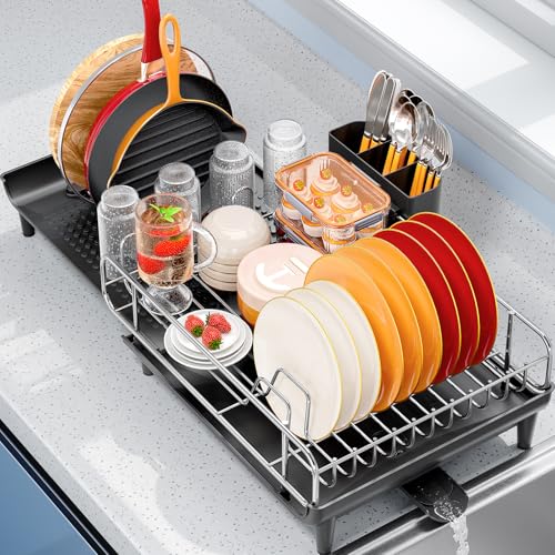 TOOLF Expandable Dish Rack, Dish Drying Rack for Kitchen Counter, Foldable Dish Dryer Rack, Stainless Steel Dish Drainer Racks with Cutlery Holder, Collapsible Dish Drying Racks Large Size,Black