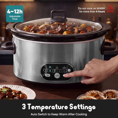 OLIXIS Slow Cooker 6 Quart, Ceramic Nonstick Coating, Programmable Slow Cooker with Dishwasher Stoneware Pot and Tempered Glass Lid, Multi Cookers with 3 Temperature, 35in Tangle Free Cord, Silver