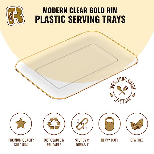 3 Pack Plastic Serving Trays for Party - Gold Serving Tray 8 x 11 Inch - Heavy Duty Dessert Trays for Food - Rectangular Party Serving Trays for Entertaining - Clear Cookie Platters