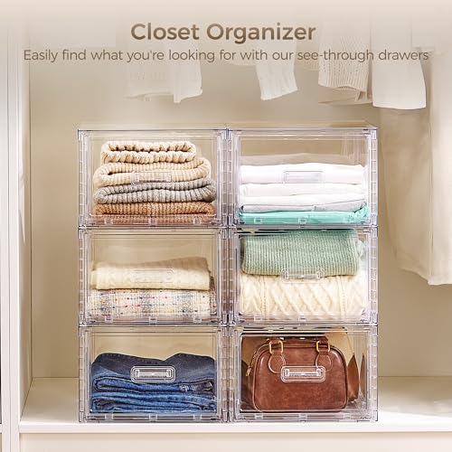 Vtopmart 4 Pack Clear Stackable Storage Drawers 15QT, Easily Assemble Closet Organizers,Plastic Storage Bins for Bathroom,Cabinet,Kitchen Pantry,Under Sink Organization(Medium)
