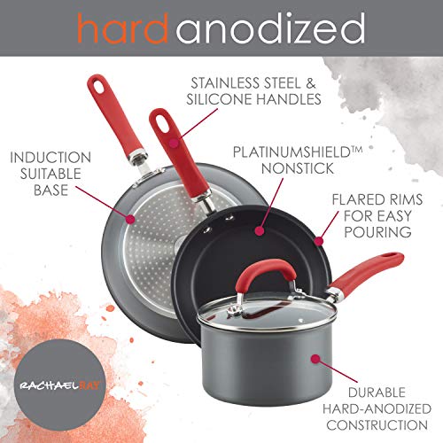 Rachael Ray Create Delicious Hard Anodized Nonstick Cookware Pots and Pans Set, 11 Piece, Red Handles