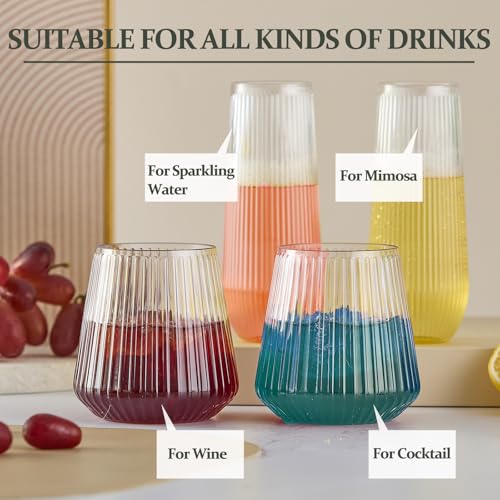 56 Pack Ribbed Origami Ripple Plastic Glasses, 32 Pcs 9 OZ Stemless Champagne Flutes & 24 Pcs 14 OZ Plastic Wine Glasses, BPA-Free Disposable Shatterproof Toasting Glasses for Weddings Parties