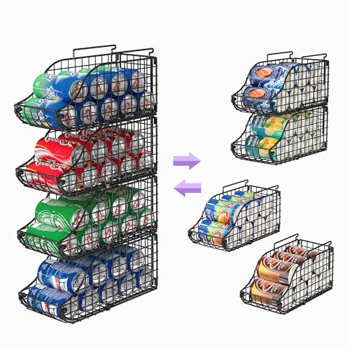 Sonyabecca 4-Pack Stackable Canned Food Organizer with Handles, Soda Can Organizer for Kitchen Pantry Shelves, Foldable Wire Cabinet Shelf for Can Storage, Patent Pending, Black