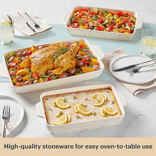 Pyrex 3-Piece Ceramic Bakeware Set, Nonstick Casserole Dish with Handles, Lasagna Oven Pans, Bakers, For Baking, Roasting, Steaming, Rectangular