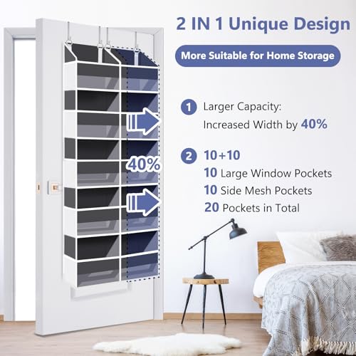 Heavy Duty Over The Door Organizer 5 Tiers, Extra Large Behind Door Storage of 10 Big Front & 10 Mesh Pockets, 80lb Weight Capacity, Hanging Doors Storage Organizer for Closet Bedroom Nursery, Grey