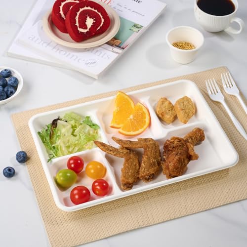Turbo Bee Disposable 5 Compartment Plates, 100Pack Bagasse Divided Paper Trays, Heavy Duty Serving Plates for School Lunch, Meal Prep, Picnic and Buffet