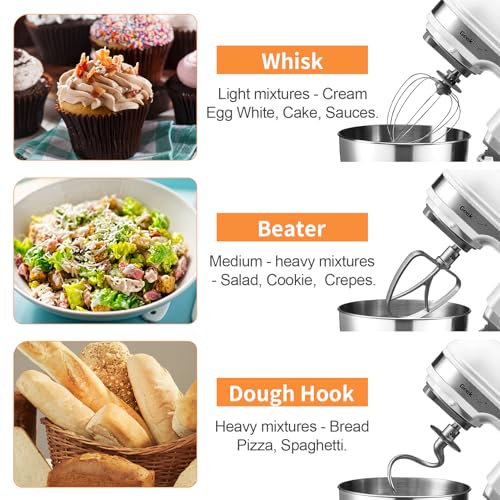 Geek Chef Electric Stand Mixer, 4.8QT 12 Speeds Tilt-head Food Mixer with Dough Hook, Whisk, Beater, Bowl, Rotary Knob for Home Kitchen Use, Bright White