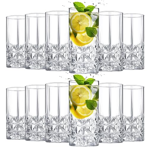 Uiifan Set of 12 Tall Highball Glasses 12 oz Crystal Drinking Glasses Clear Fancy Cups Vintage Textured Designer Glassware for Cocktail Tea Water Beer Soda Beverages, Dishwasher Safe(Stylish Style)
