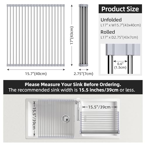 Sooseuo Roll Up Dish Drying Rack Over Sink, 17" x 15.7", Stainless Steel with Non-Slip Silicone Ends, Gray