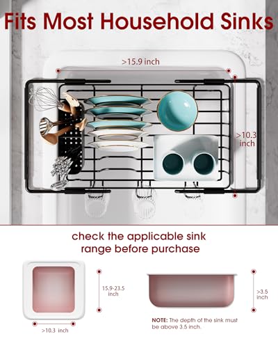 Sakugi Dish Drying Rack in Sink - Expandable Stainless Steel Dish Rack Over the Sink, Kitchen Sink Drain Strainer with Cutlery Holder & Cup Holders, 15.4 x 9.8 x 3.0 Inch, Black