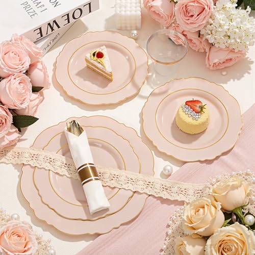 Liacere 350PCS Pink Plates Disposable-PinK Plates 50guest Baroque Plastic Dinnerware include 100Plates, 50Pack Pre Rolled Napkins with Silverware 50Cups Perfect for Wedding & Party & Baby shower