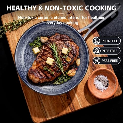 Ammeloo Hybrid Tri-Ply Stainless Steel Frying Pans Set, 8"/9.5"/11" Cooking Pans, Non Stick Frying Pans and Skillets, Chef Pan, Non Toxic, Dishwasher Safe, Induction Compatible, Blue Interior