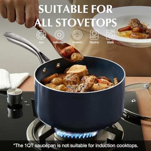 KOCH SYSTEME CS Nonstick Sauce Pan with Lid 1QT & 2QT & 3QT, 6pcs Nonstick Saucepan Set with Cool-Touch Handles, Pot Set with Ceramic Coating, Induction Compatible Sauce Pan, Oven Safe, Gradient Blue