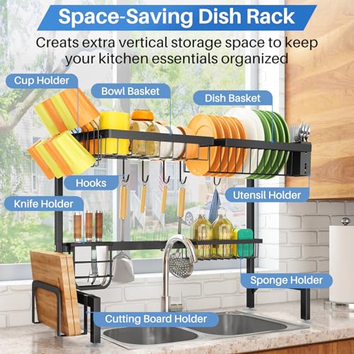 SNTD Over The Sink Large Dish Drying Rack, Metal, 26.8"-34.6", Black