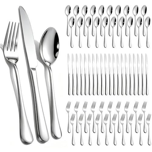 60-Piece Silverware Set for 20 - Stainless Steel Flatware Cutlery Set, Mirror Polished Flatware Set Include Forks Spoons Knives for Home Wedding Restaurant, Dishwasher Safe, Silver, 60 PCS