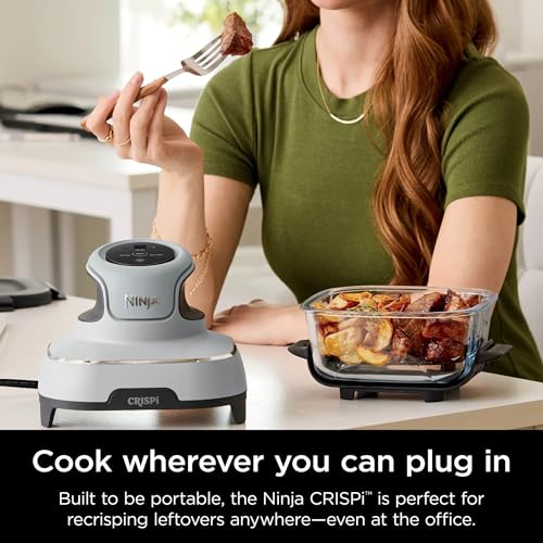 Ninja FN100WH Crispi Air Fryer, Microwave, Freezer & Dishwasher Safe, Non Toxic Glass Portable Cooking System, 4 QT & 5 Cup Glass Containers with Storage Lids, Easy Meals, White (Renewed)