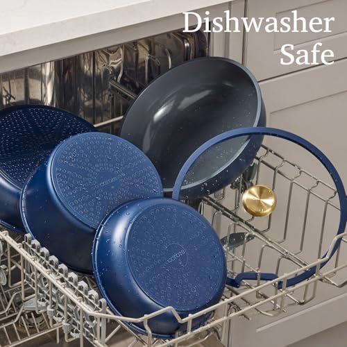 CAROTE Blue&Gold Ceramic Cookware Set Non Toxic, PFAS Free, 15Pcs Pots and Pans Set Non Stick Detachable/Removable Handle, Kitchen Cooking Set Dishwasher Safe, Nonstick Pot and Pan, Induction Cookware