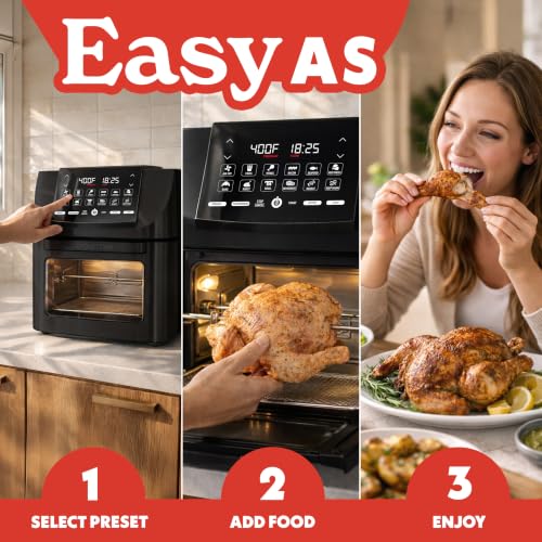 Gourmia Air Fryer - 14 Qt All-in-One Oven with Rotisserie, Digital Display with 12 Presets, Roast, Bake, Broil, Dehydrate, Dishwasher Safe Accessories, Black