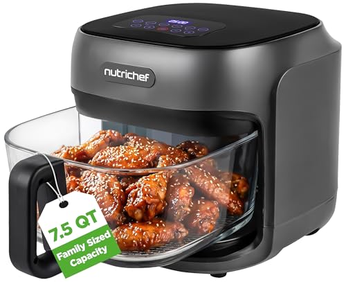 NutriChef Family Size 7.5 Quart Air Fryer, 6 Preset Cooking Modes, Glass Fry Bowl for Best Cooking, 360° Air Circulation