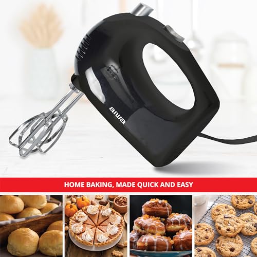 AIWA 5-Speed Hand Mixer with Eject Button, Electric Handheld Mixer for Cream, Batter, Eggs & Baking, Stainless Steel Beaters, Dishwasher-Safe, Lightweight Compact Design, Black
