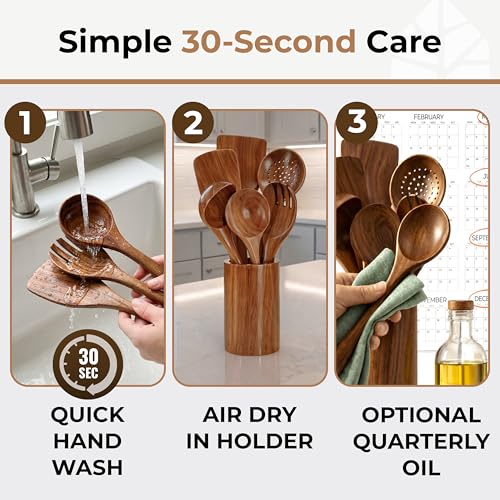 Wooden Utensil Set 8 Pcs – Sturdy & Easy to Clean, Natural Teak Wooden Spoons for Cooking – Non-Scratch Cooking Utensils with Spatula, Turner, Ladle, Spoons, Skimmer, Holder, Spoon Rest & 6 Hooks