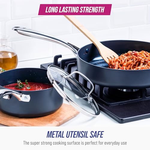 Blue Diamond Cookware Hard Anodized Ceramic Nonstick, 10 Piece Cookware Pots and Pans Set, Non-Toxic PFAS-Free, Dishwasher and Oven Safe, Durable, Even Heating, Metal Utensil Safe, Gray