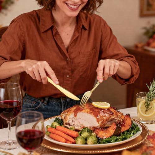 WDF300 Pieces Gold Plastic Silverware - Heavy Duty Disposable Cutlery Set Plastic Gold Silverware Set Includes 100 Forks, 100 Spoons, 100 Knives for Party Baby Shower Wedding Spring