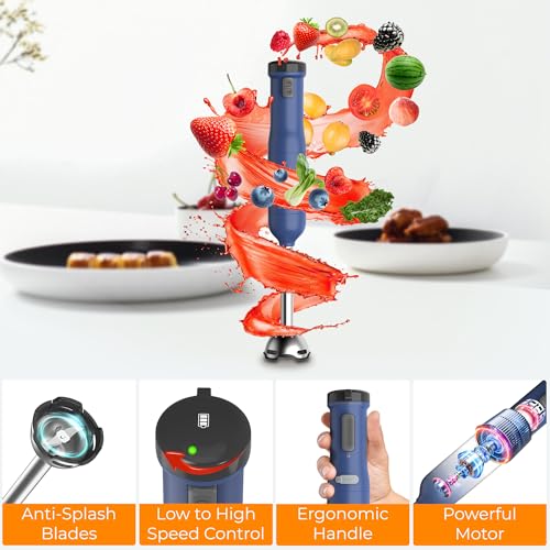 Rosewill 6-in-1 Multi-Speed Cordless Rechargeable Immersion Hand Blender, Heavy Duty Motor - Stick Blender, Beaker, Whisk, Chopper, Dual Beater, Milk Frother - For Smoothies, Baby Food, Soup - Blue