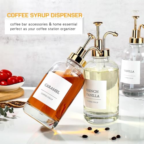 Coffee Bar Accessories,Coffee Syrup Dispenser with Labels for Coffee Bar,Pack of 4,Total 67.6 oz (Gold Pump)