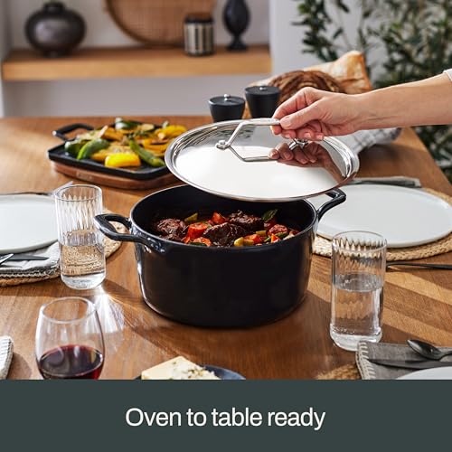 All-Clad Cast Iron Braiser Pan, 4 Qt Enameled Cast Iron Casserole Pan with Lid, Grill, Oven Safe up to 650F, Compatible with All Stovetops (Gas, Electric & Induction), Easy-Clean, Cookware, Black