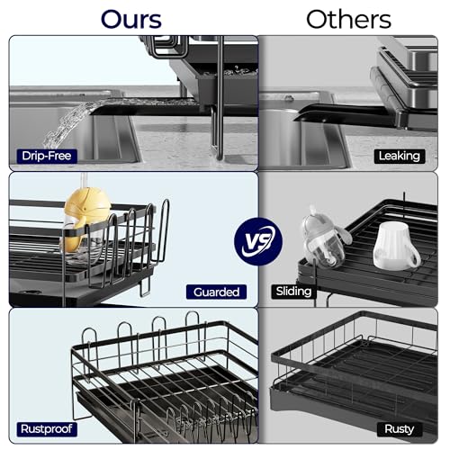 Pantasia Large Dish Drying Rack, Expandable Dish Rack for Kitchen Counter, Dish Drainer with Drainboard Set, Multifunctional Dishrack with Utensil & Cup Holder, 13.4"-28.7" L x 11.8" W x 7.8" H, Black