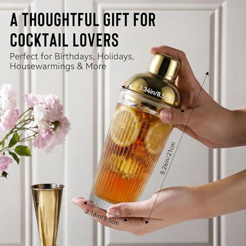 Glass Cocktail Shaker Set with Built-in Strainer – 16oz Ribbed Glass Shaker, Gold Jigger & Bar Spoon with Muddler, Bar Kit for Home Bar, Margaritas, Martinis, Gifts for Men & Women