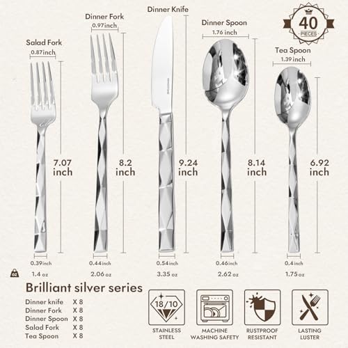 KINGSTONE Silverware Set, Luxury 40 Piece Flatware Set for 8, 18/10 Stainless Steel Cutlery Set with Diamond Cut Pattern for Kitchen, Home, Wedding, Party, Mirror Polished and Dishwasher Safe