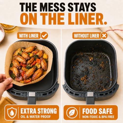 Air Fryer Paper Liners, 125Pcs Air Fryer Disposable Liners, Non-Stick and Oil Proof for Easy Cleanup, 8” Square for 5-8 qt Basket by Baker's Signature