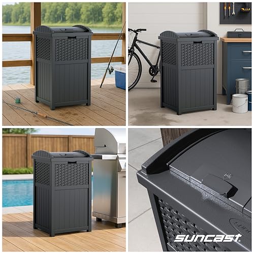 Suncast 33 Gallon Wicker-Style Hideaway Trash Can with Secure Latching Lid and Weather-Resistant Construction for Patio, Cyberspace Grey, Made in the USA