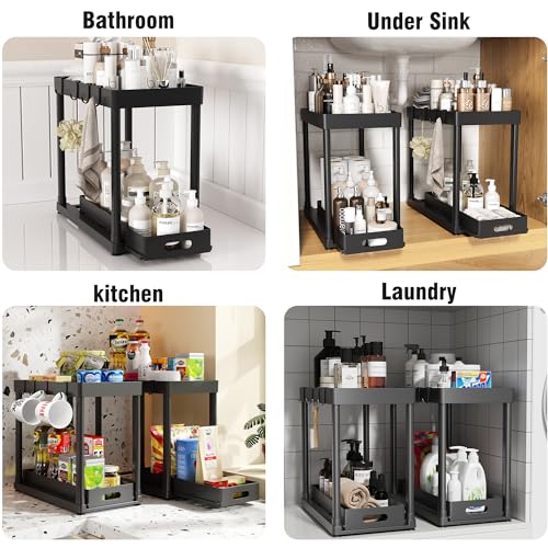 POUGNY 2 Pack Pull-Out Storage Organizers, Under Sink Organizer and Storage for Bathroom & Kitchen,Multi-Purpose Under Cabinet Organizers and storage Black