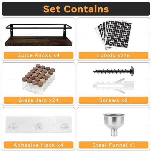 KitHero 4-Tier Wall Mount Spice Rack Organizer with 24 Glass Jars, 216 Labels & Funnel - Screw/Adhesive Mount, Black Metal & Wood Spice Storage for Kitchen Pantry Cabinet, 11.6”L x 2.4”W x 3.2”H