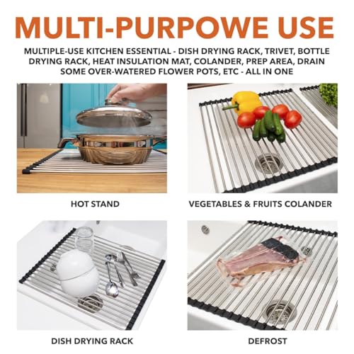 Roll-Up Dish Drying Rack 21"(L) x 16"(W) - Foldable Multipurpose Heat Resistant Large Stainless Steel Kitchen Rollup Dish Drainer Over Sink Mat - Silicone Coated Rims