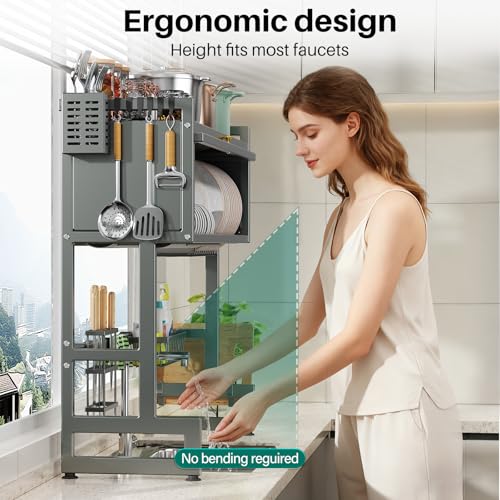 CUISIBOT Over the Sink Dish Drying Rack 3 Tier with Dustproof Flip-Up Cover