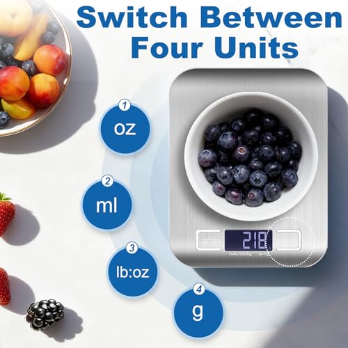 Girwu Food Scale, Digital Kitchen Scale with 1g Accuracy, 11lb/22lb Capacity & Backlit LCD, Stainless Steel Tare Scale for Baking, Cooking and Meal Prep, 5.5x7x0.6 Inches (Batteries Included)
