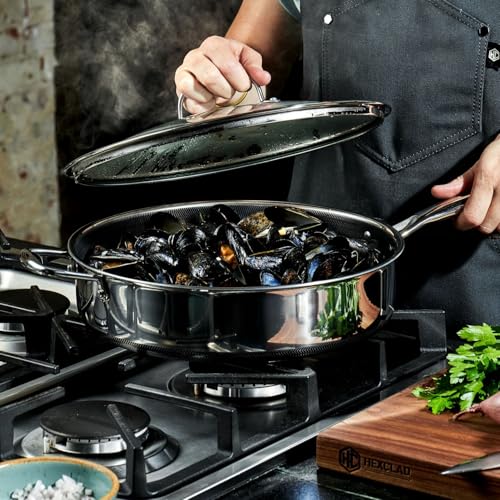 HexClad 5.5 Quart Hybrid Nonstick Deep Sauté Frying Pan with Lid, Dishwasher and Oven-Safe, Induction Ready, Compatible with All Cooktops