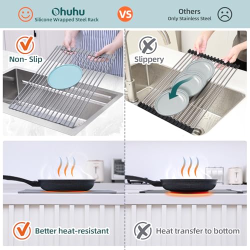 Ohuhu Roll Up Dish Drying Rack, Over The Sink Multipurpose Roll-Up Dish Racks, 16.5" W x 13" L Rolling Heat-Resistant Anti-Slip Silicone Coated Dish Drainer Portable Foldable for Kitchen Counter