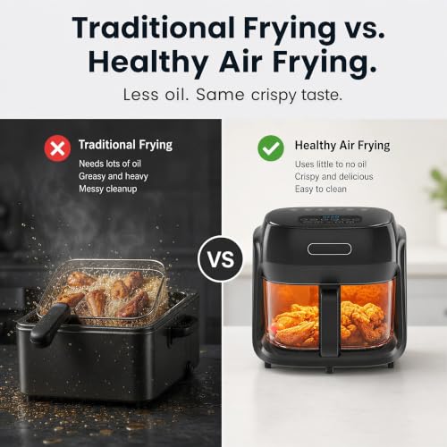7.4QT Air Fryer with Glass Bowl, Visible Window Lid, Digital Control, 360° Rapid Air Circulation, for Healthy Oil-Free Cooking & Baking, Dishwasher Safe, Nonstick, Easy Clean (Black)