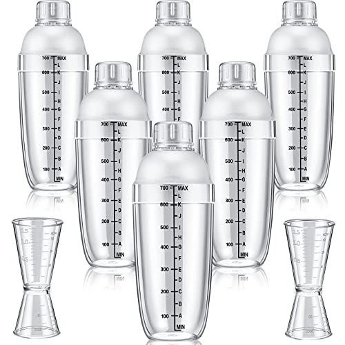Suclain 8 Pack Plastic Cocktail Shaker Set 6 Pcs 24 oz Hand Drink Mixer Boba Tea Shaker Cup with Scales 2 Pcs Double Measuring Jigger Clear Bottle Tea Drink Mixer Cocktail Cup for Kitchen Bar Party