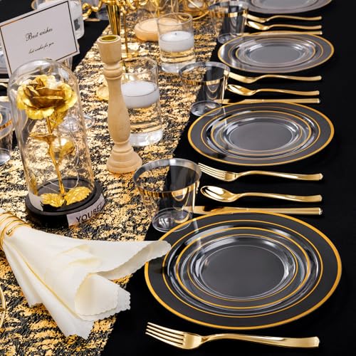 WELLIFE 600pc Gold Trim Plastic Dinnerware Set for Party: 100 Dinner Plates, 100 Dessert Plates, 300 Cutlery, 100 cups
