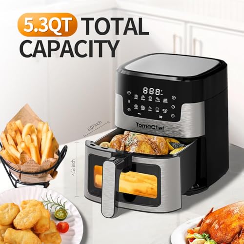 TomaChef Air Fryer 5.3QT with Visible Window, 10-in-1 Oil-Free Digital Cooker, Dishwasher Safe Basket, Healthy Cooking, Digital Control for Family (Black)