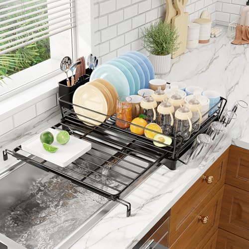 Simple Trending Dish Rack - Expandable Dish Drying Rack for Kitchen Counter, Large Capacity Dish Drainers, Stainless Steel Dish Strainer with Utensil & Cup Holders, Black