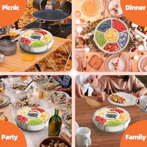 riyeloi Divided Serving Tray with Lid and Handle, Stackable Snackle Box Container for Fruits Candy Organizer, Portable Spinning Rounded Veggie Tray for Kitchen, Party, Trave and Picnic-1 PACK
