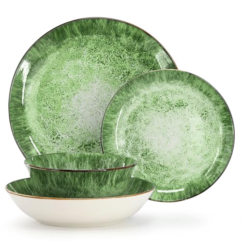 Elama Oceanus 16 Piece Round Shape Porcelain Double Bowl Dinnerware Set, Tableware Set, Table Setting- Service for 4 (Green)